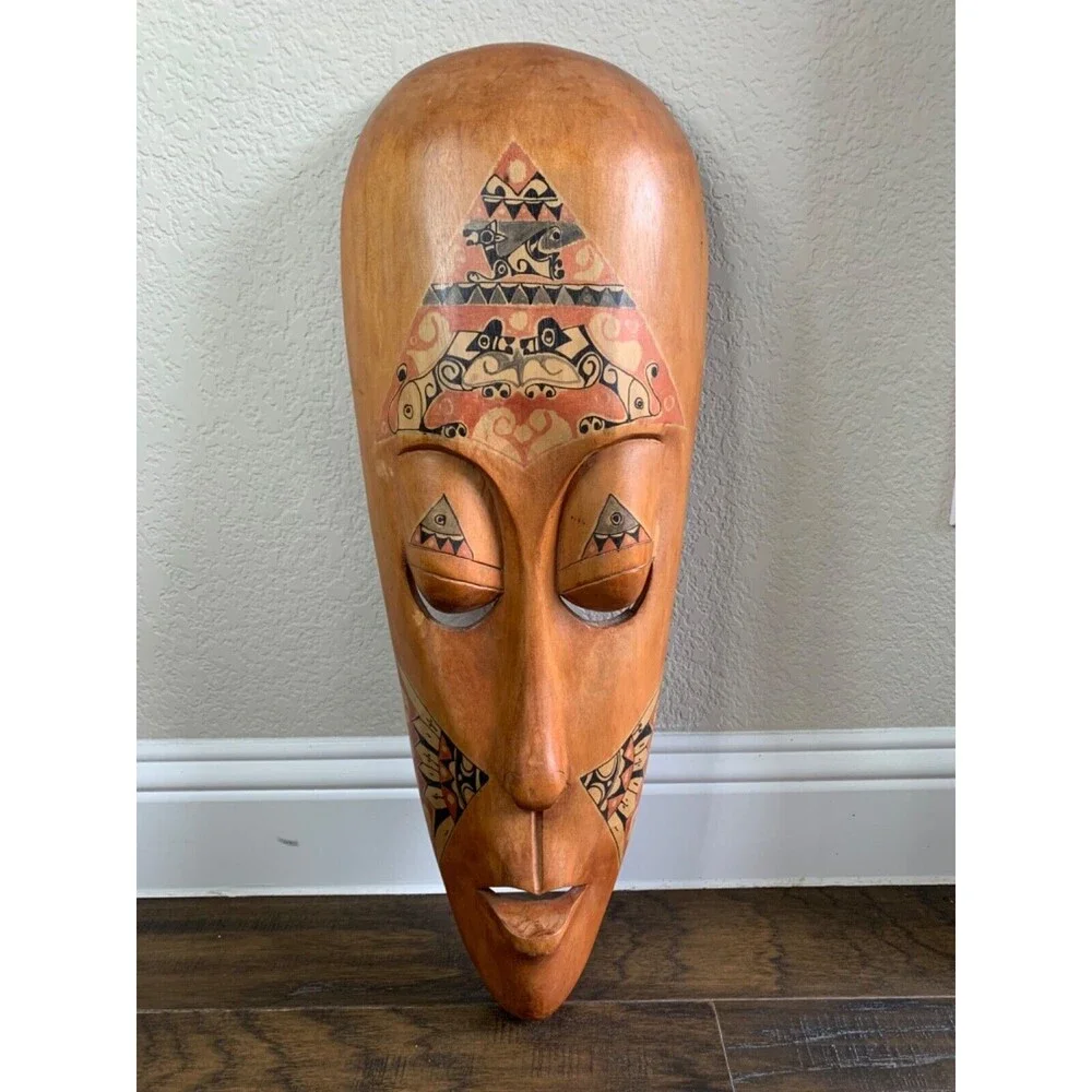 Vintage Wood Mask Hand Carved Folk Art African Latin Tribal Indonesian Wall Face